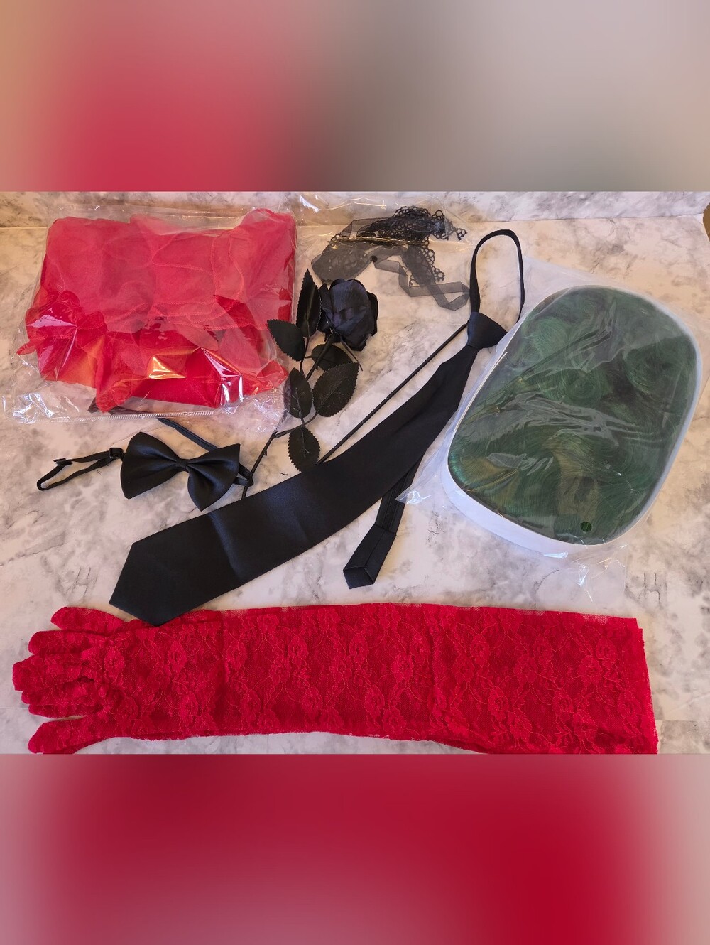 Beetlejuice 8pc Accessory Set - Veil, Gloves, Tie, Green Wig, Fake Black Rose
